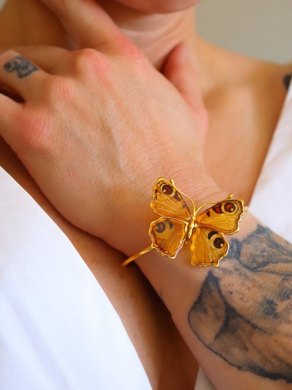 Baltic Honey Amber Butterfly Bracelet- 14k Gold Plated Sterling Silver - Picture 2 of 6